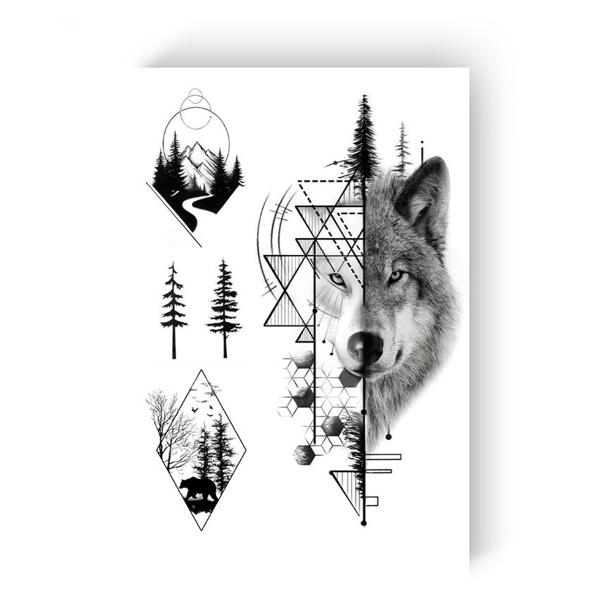 Временное Тату "Графический волк и лес"
